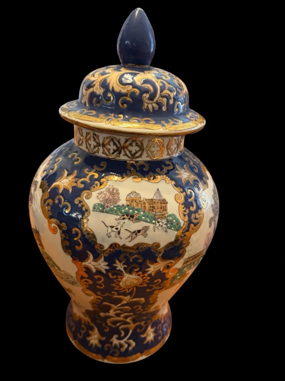 1940’s Blue, Gold & White Porcelain, Vintage WBI Jar with Hand-Painted Scene